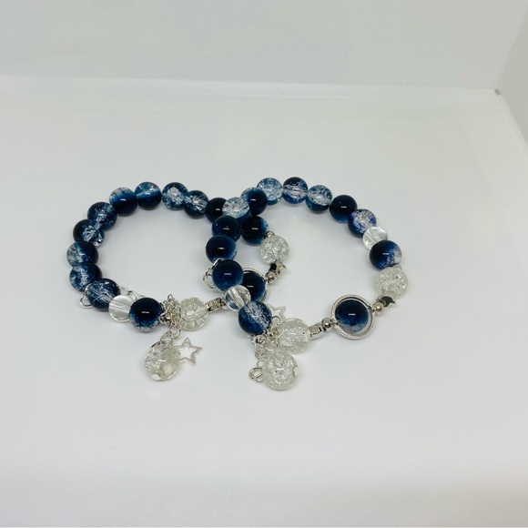 (2 pcs) Elegant Blue and Silver Beaded Bracelet Set | Blue Marble Bracelet - Picture 4 of 7
